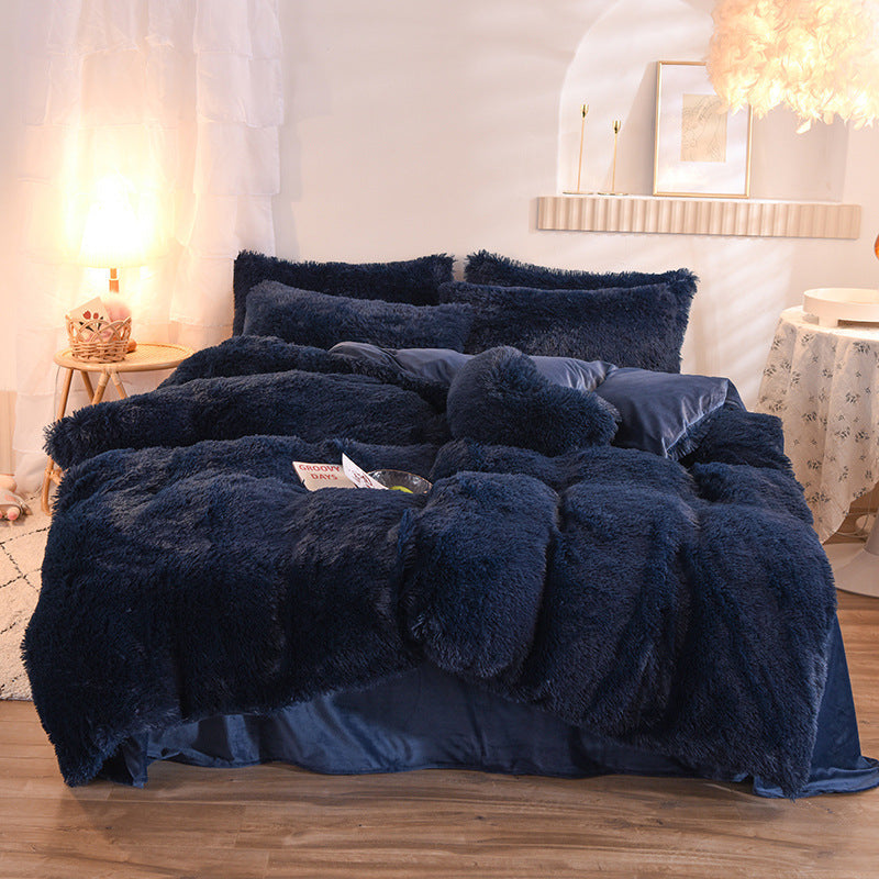 KTX-313747 Thick Fleece Duvet Cover Set with Fluffy Plush Pillowcases for Winter Warmth, Available in Queen and King Sizes