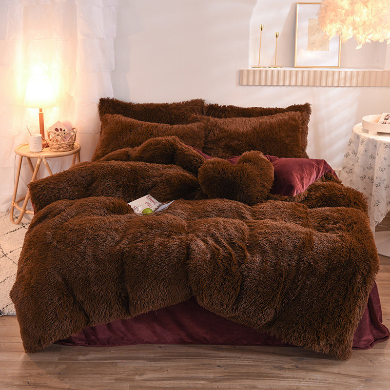 KTX-313747 Thick Fleece Duvet Cover Set with Fluffy Plush Pillowcases for Winter Warmth, Available in Queen and King Sizes