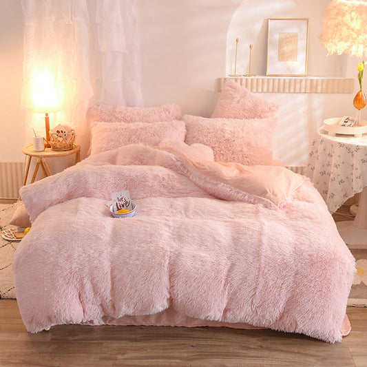KTX-313747 Thick Fleece Duvet Cover Set with Fluffy Plush Pillowcases for Winter Warmth, Available in Queen and King Sizes