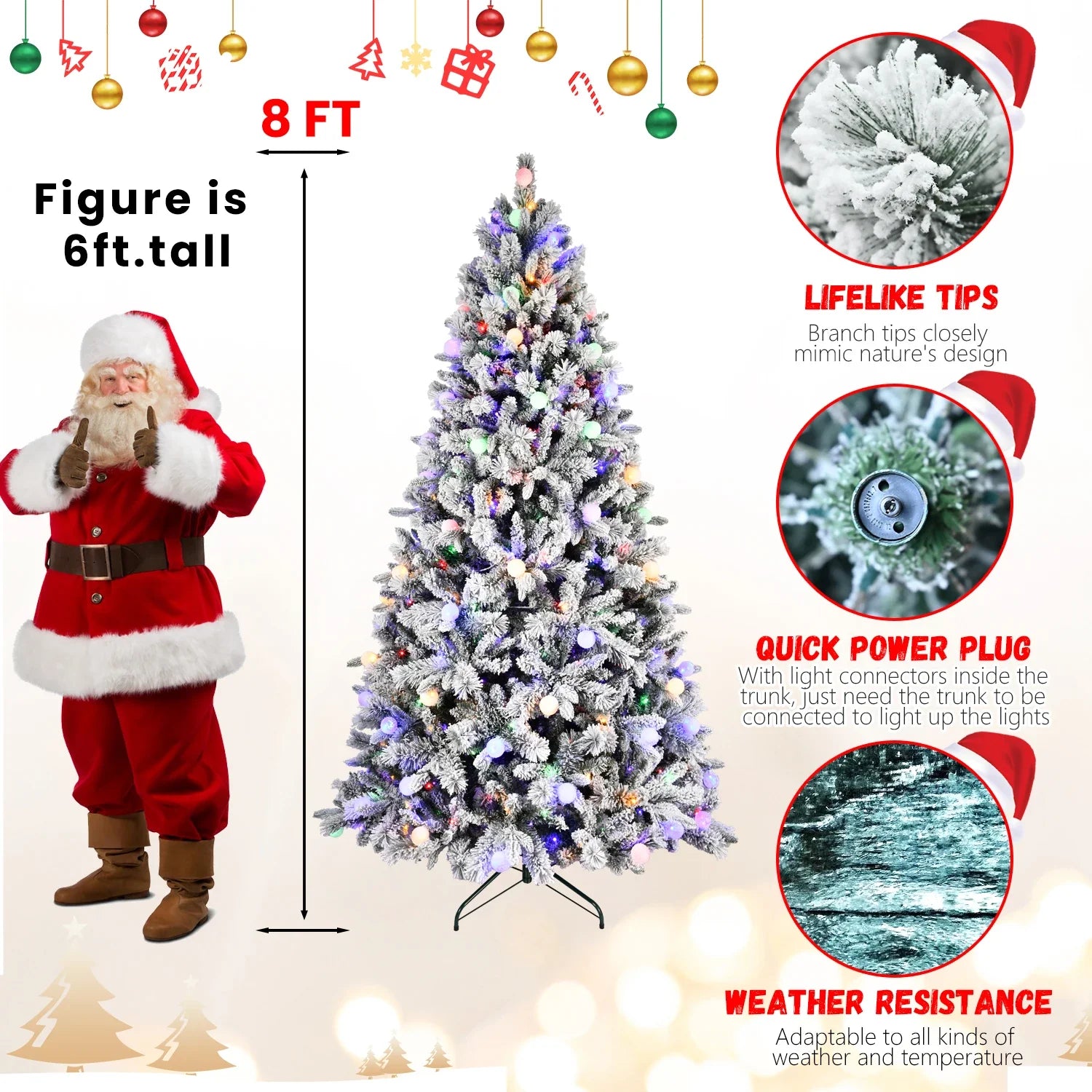 KTX-314579 8ft White Snow Artificial Christmas Tree with LED Light Display