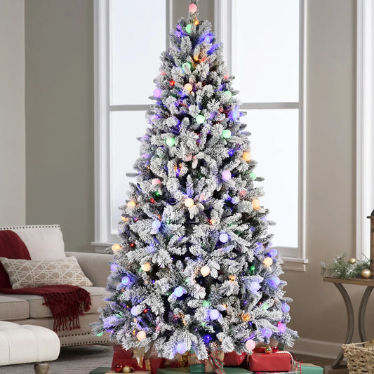 KTX-314579 8ft White Snow Artificial Christmas Tree with LED Light Display