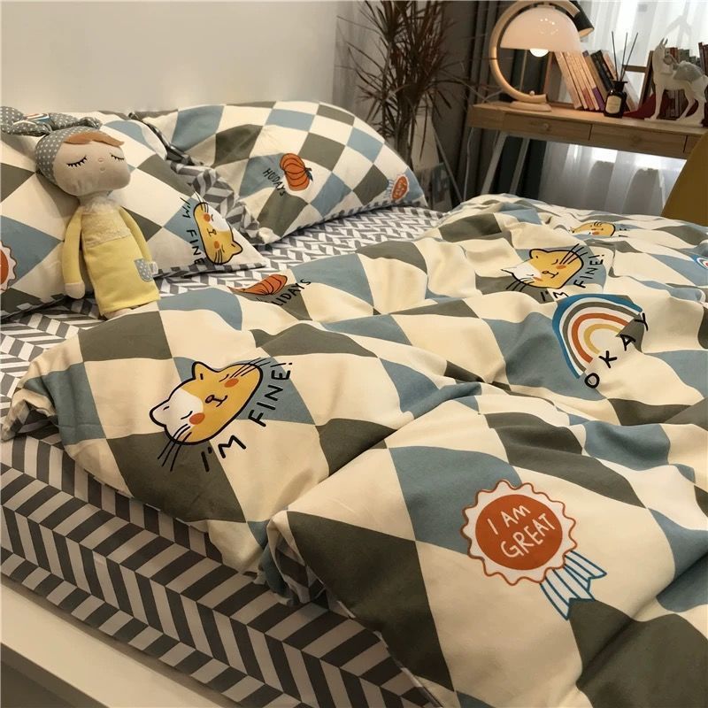 KTX-314963 Cartoon Brushed Washed Cotton 4-Piece Bed Sheet and Duvet Cover Set