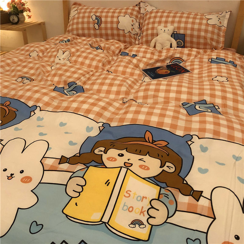 KTX-314963 Cartoon Brushed Washed Cotton 4-Piece Bed Sheet and Duvet Cover Set