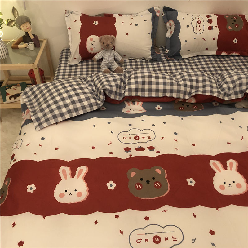 KTX-314963 Cartoon Brushed Washed Cotton 4-Piece Bed Sheet and Duvet Cover Set