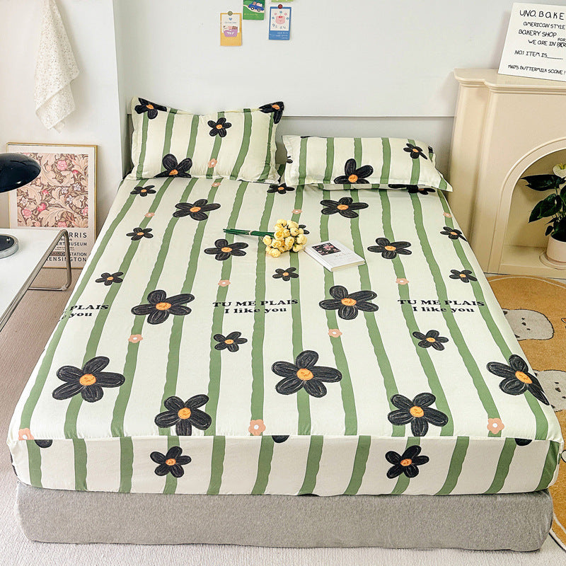 KTX-317075 Brushed Single-Layer Fitted Sheet with 2 Pillowcases - Mattress Protective Cover