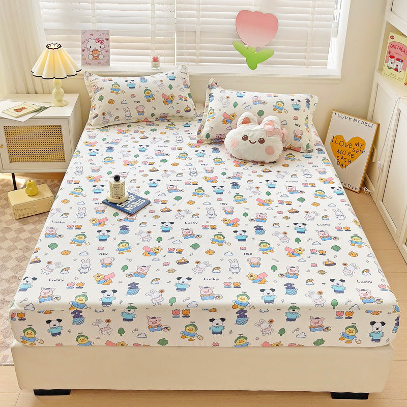 KTX-317075 Brushed Single-Layer Fitted Sheet with 2 Pillowcases - Mattress Protective Cover