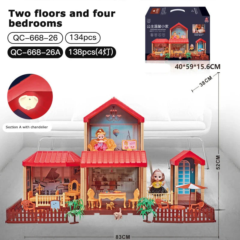 KTX-317523 2-Storey DIY Miniature Doll Villa with LED Lights - Hand-Assembled Toy House for Ages 6 and Up