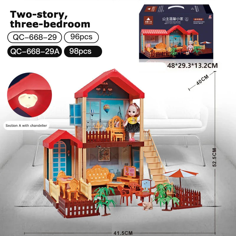 KTX-317523 2-Storey DIY Miniature Doll Villa with LED Lights - Hand-Assembled Toy House for Ages 6 and Up
