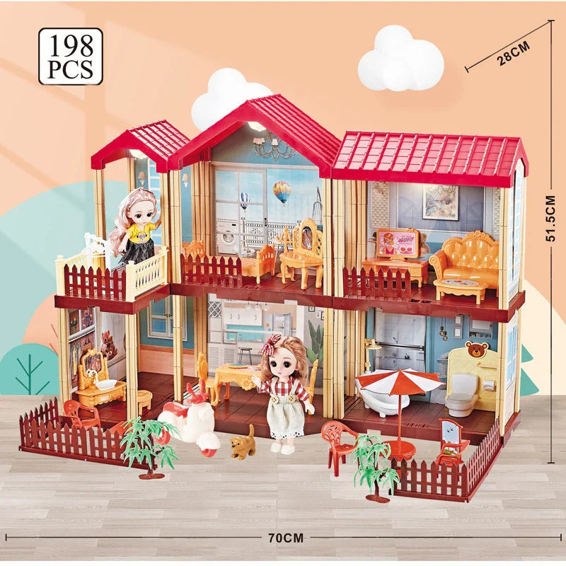 KTX-317523 2-Storey DIY Miniature Doll Villa with LED Lights - Hand-Assembled Toy House for Ages 6 and Up