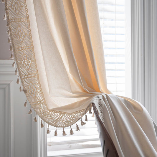 KTX-317971 Handmade Cotton Linen Semi-Transparent Partition Curtain with Crochet tassels