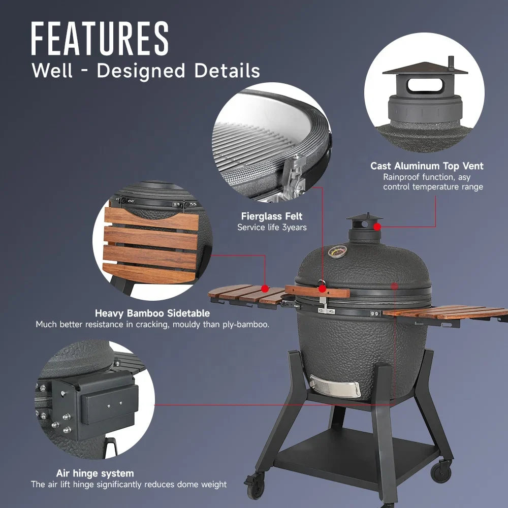 KTX-320083 Large 23.5 Inch Ceramic Charcoal Kamado Grill for Outdoor BBQ and Smoking