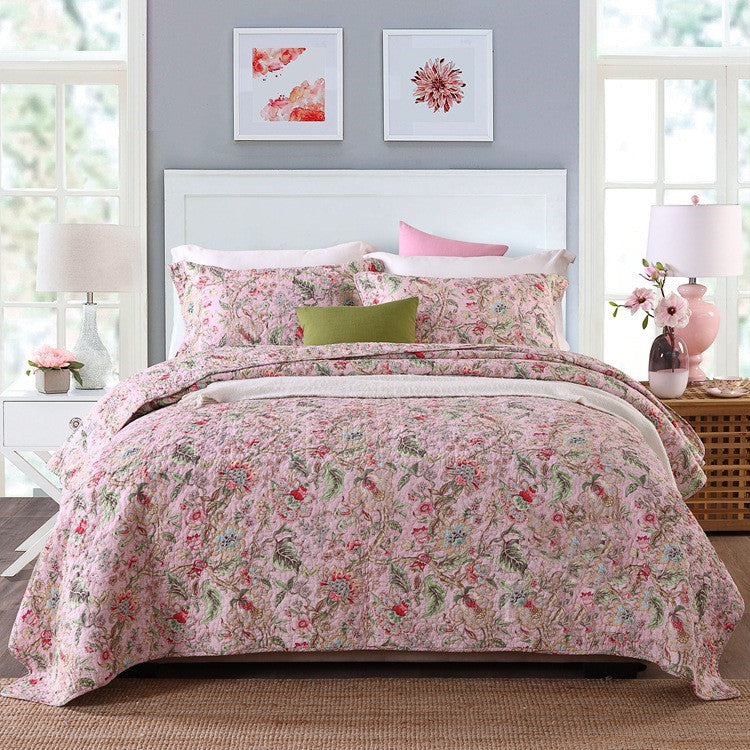 KTX-323027 Three-Piece Cotton Washed Air-Conditioning Quilt Set with Embroidered Floral Design