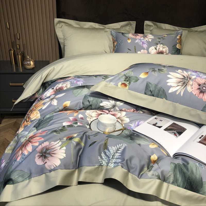 KTX-324179 Long Staple Cotton Four-Piece Bedding Set with Digital Plant and Flower Print