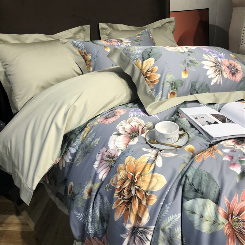 KTX-324179 Long Staple Cotton Four-Piece Bedding Set with Digital Plant and Flower Print