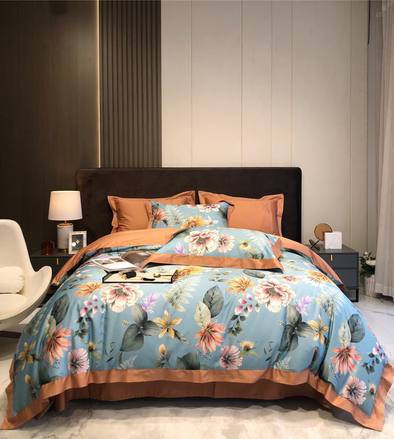 KTX-324179 Long Staple Cotton Four-Piece Bedding Set with Digital Plant and Flower Print