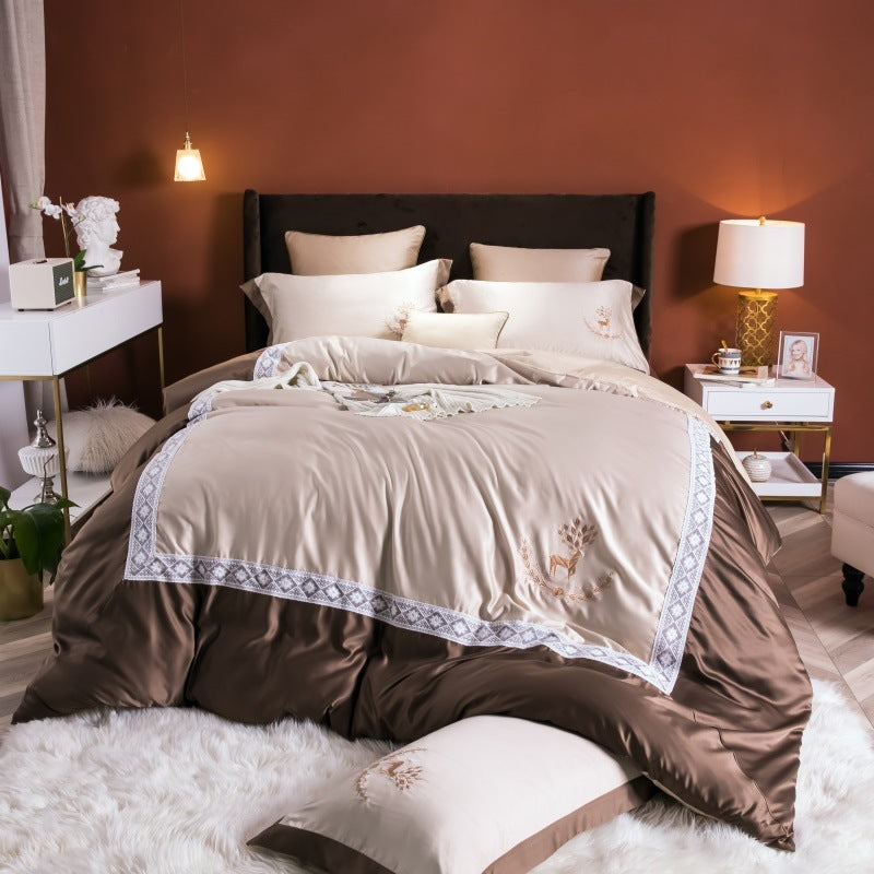 KTX-324499 Cotton Lace Embroidered Bed Linen Set - 4 Pieces, Simple Plain Design for 1.8*2.2m Bed