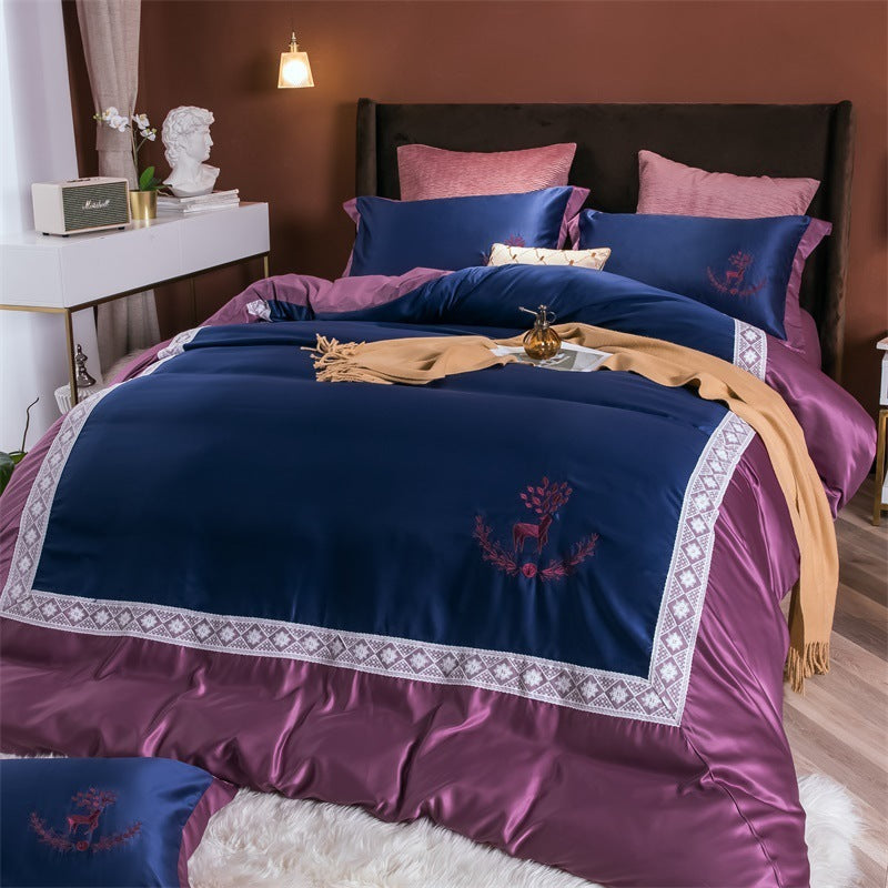 KTX-324499 Cotton Lace Embroidered Bed Linen Set - 4 Pieces, Simple Plain Design for 1.8*2.2m Bed