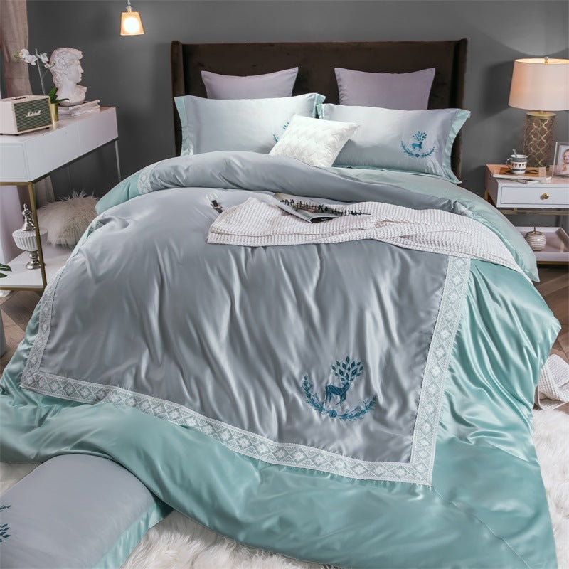 KTX-324499 Cotton Lace Embroidered Bed Linen Set - 4 Pieces, Simple Plain Design for 1.8*2.2m Bed