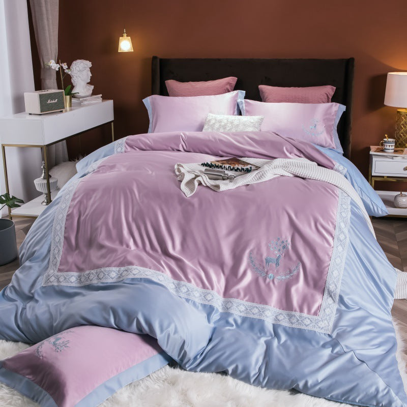 KTX-324499 Cotton Lace Embroidered Bed Linen Set - 4 Pieces, Simple Plain Design for 1.8*2.2m Bed
