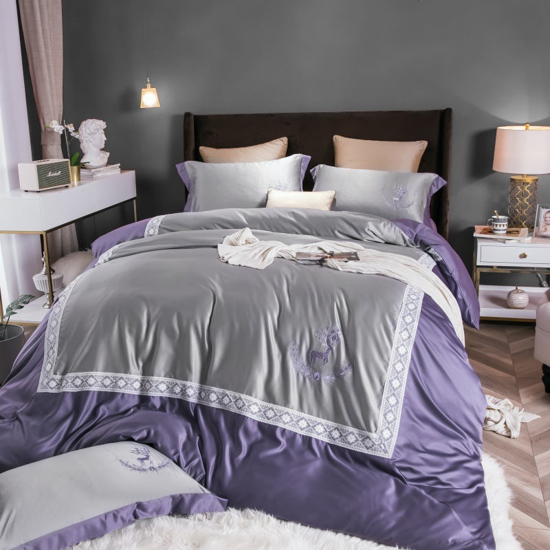 KTX-324499 Cotton Lace Embroidered Bed Linen Set - 4 Pieces, Simple Plain Design for 1.8*2.2m Bed