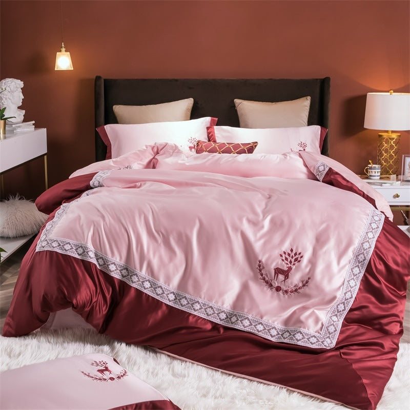 KTX-324499 Cotton Lace Embroidered Bed Linen Set - 4 Pieces, Simple Plain Design for 1.8*2.2m Bed