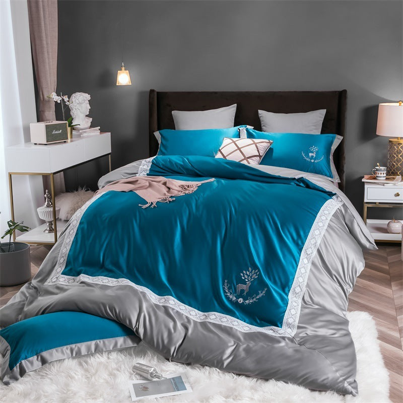 KTX-324499 Cotton Lace Embroidered Bed Linen Set - 4 Pieces, Simple Plain Design for 1.8*2.2m Bed