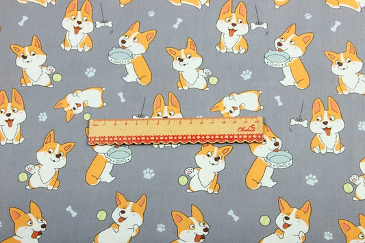KTX-325011 Corgi Print Cotton Fabric - Cartoon Nordic Animal Design, 110cm Wide, 100% Cotton