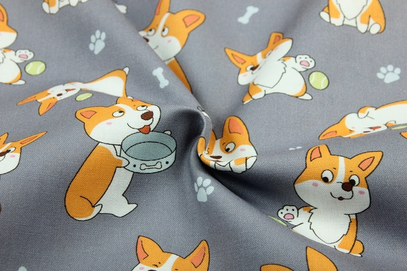 KTX-325011 Corgi Print Cotton Fabric - Cartoon Nordic Animal Design, 110cm Wide, 100% Cotton