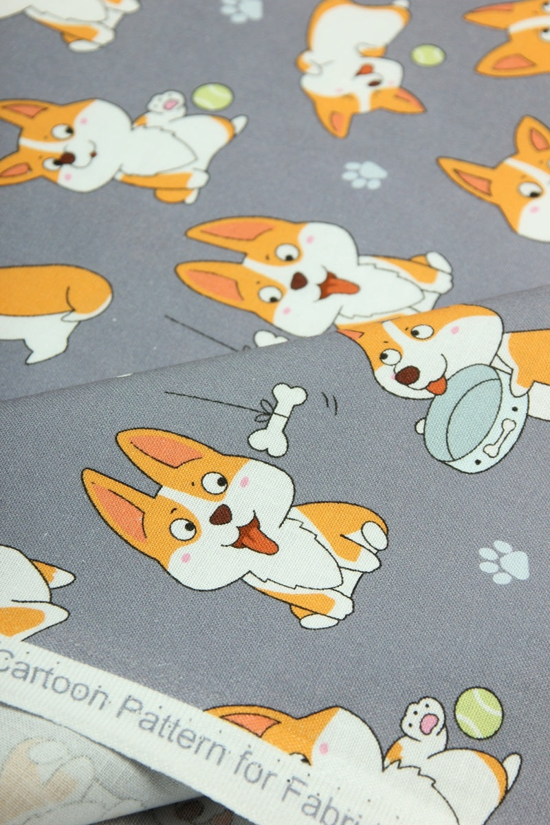 KTX-325011 Corgi Print Cotton Fabric - Cartoon Nordic Animal Design, 110cm Wide, 100% Cotton