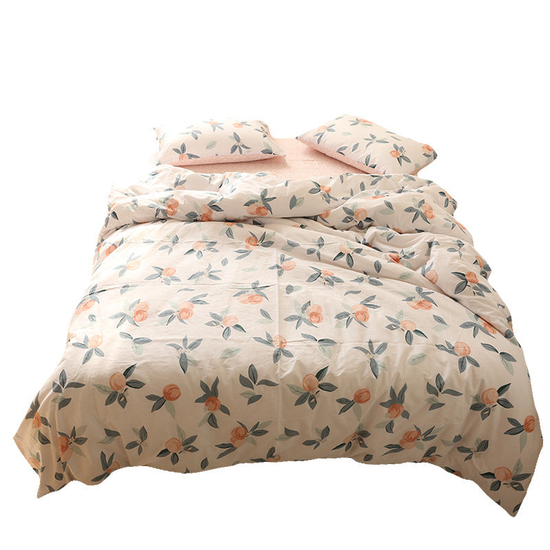 KTX-325011 Cotton Floral Quilt Cover Set in Green, Orange, and Pink - Four Pieces