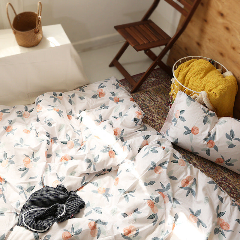 KTX-325011 Cotton Floral Quilt Cover Set in Green, Orange, and Pink - Four Pieces