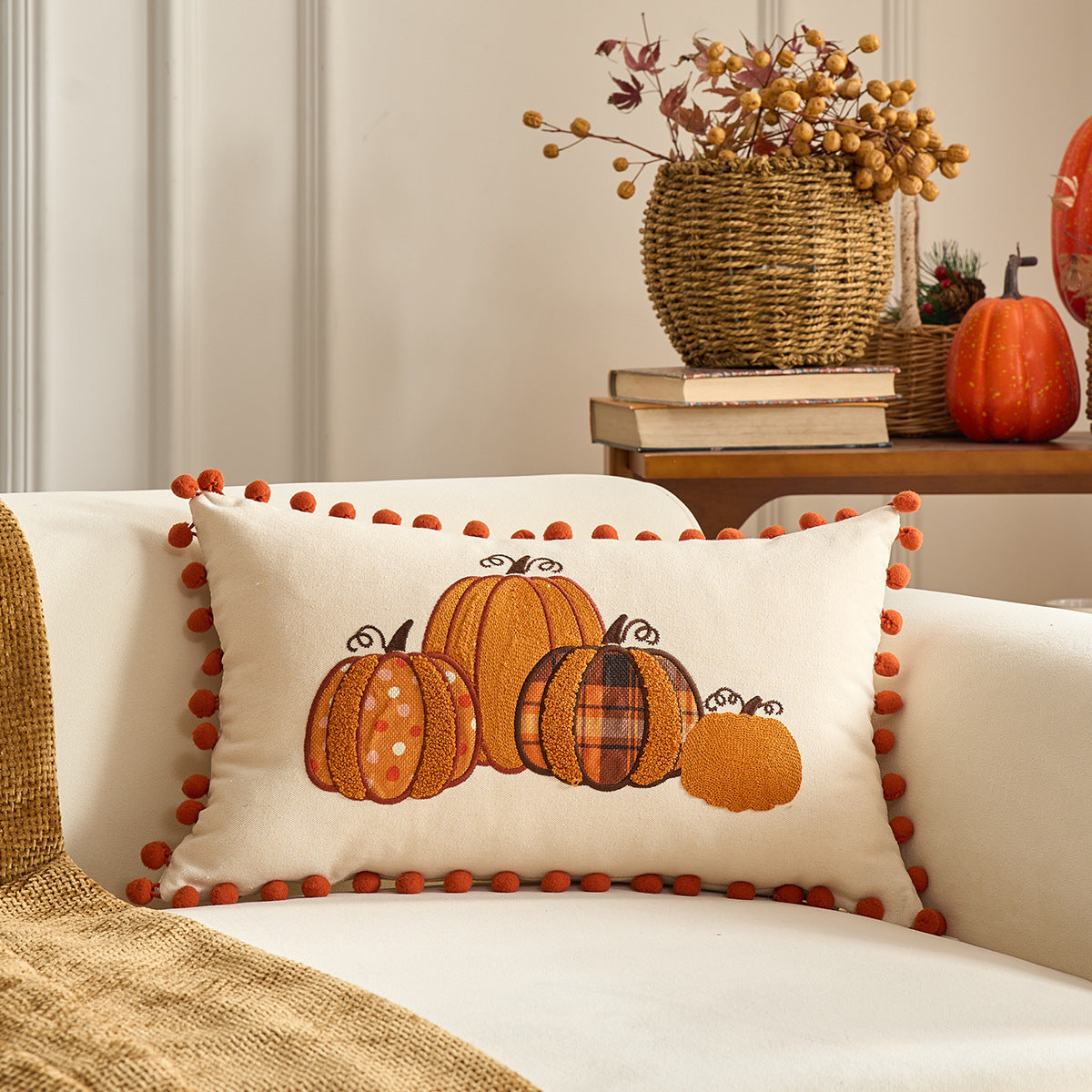 KTX-326227 Autumn Maple Leaf and Pumpkin Decorative Pillow Cover for Living Room Sofa