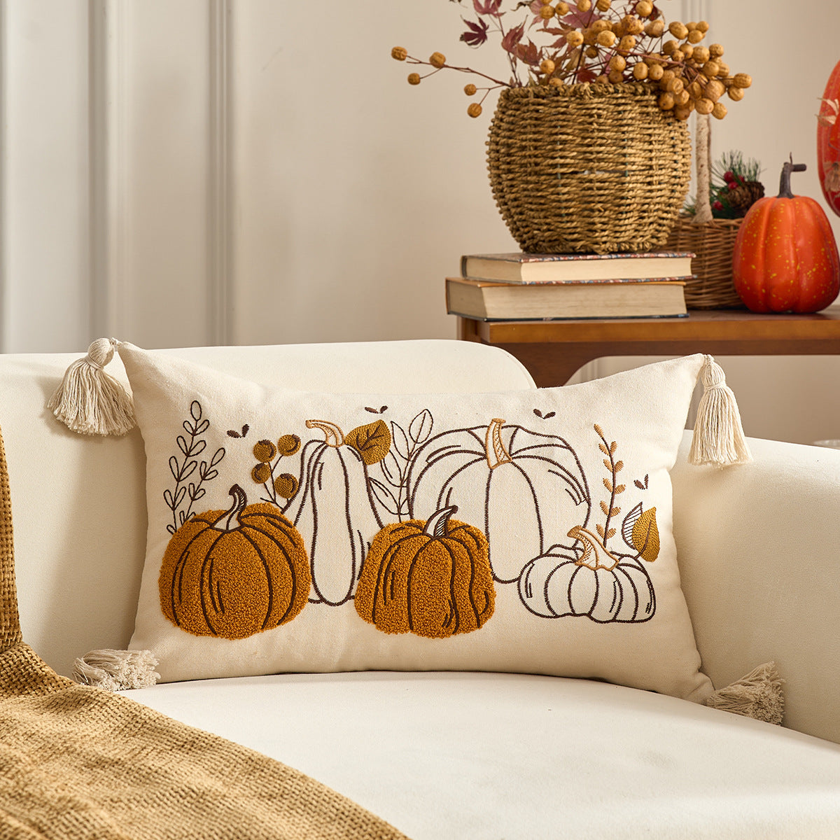 KTX-326227 Autumn Maple Leaf and Pumpkin Decorative Pillow Cover for Living Room Sofa