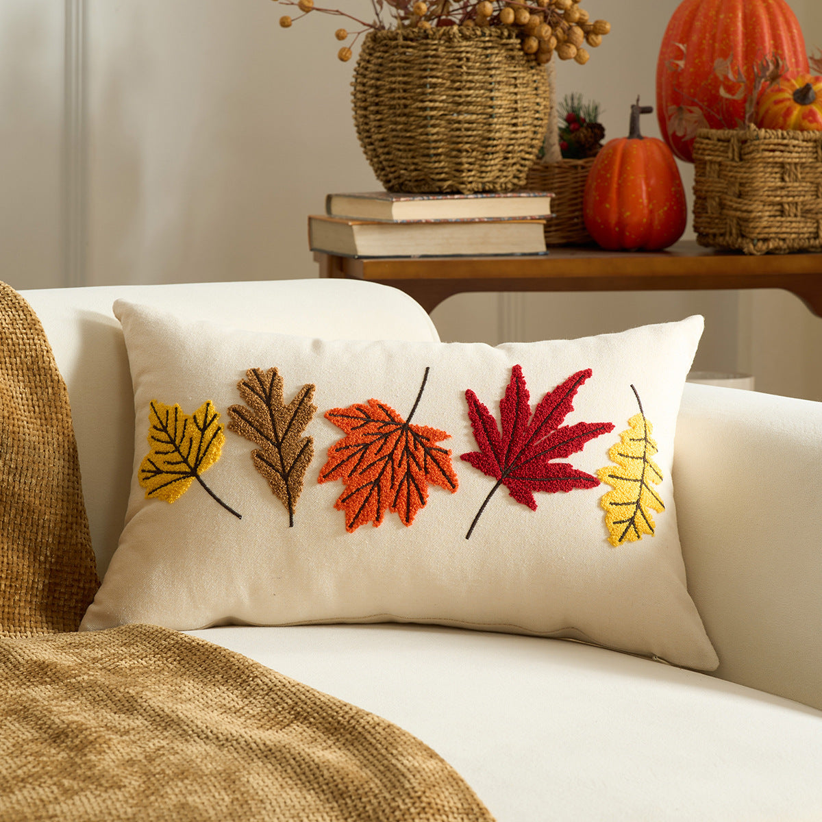 KTX-326227 Autumn Maple Leaf and Pumpkin Decorative Pillow Cover for Living Room Sofa
