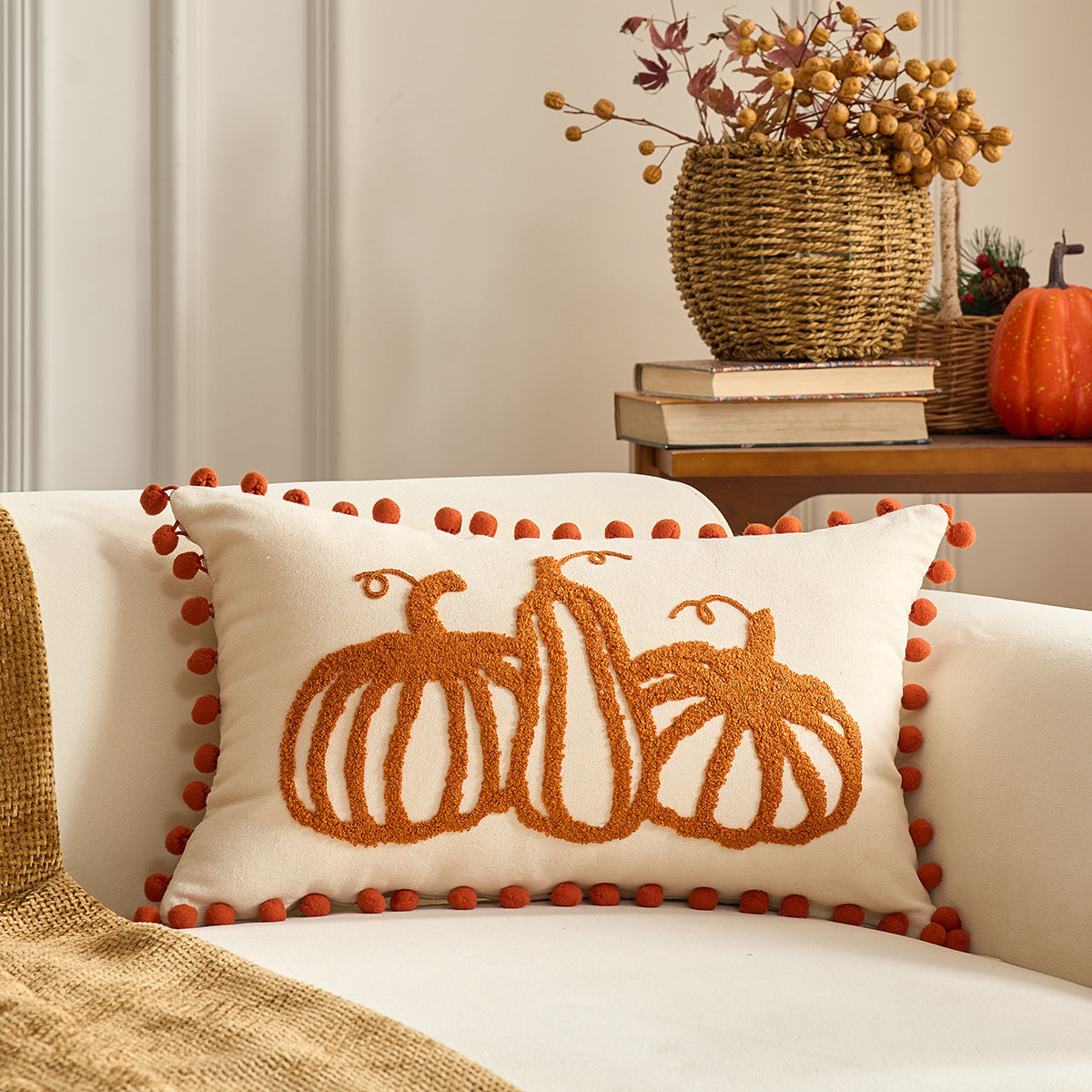 KTX-326227 Autumn Maple Leaf and Pumpkin Decorative Pillow Cover for Living Room Sofa