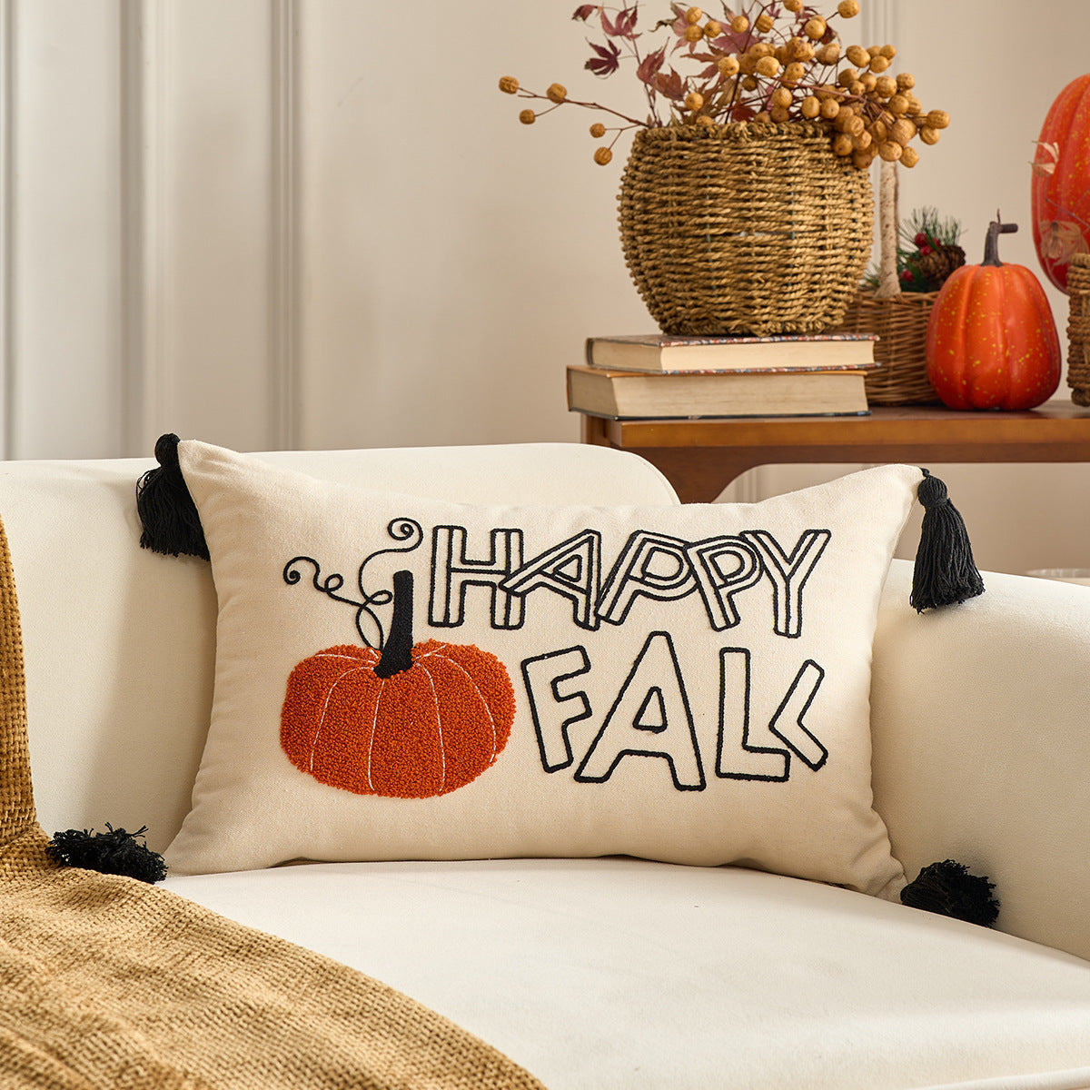 KTX-326227 Autumn Maple Leaf and Pumpkin Decorative Pillow Cover for Living Room Sofa
