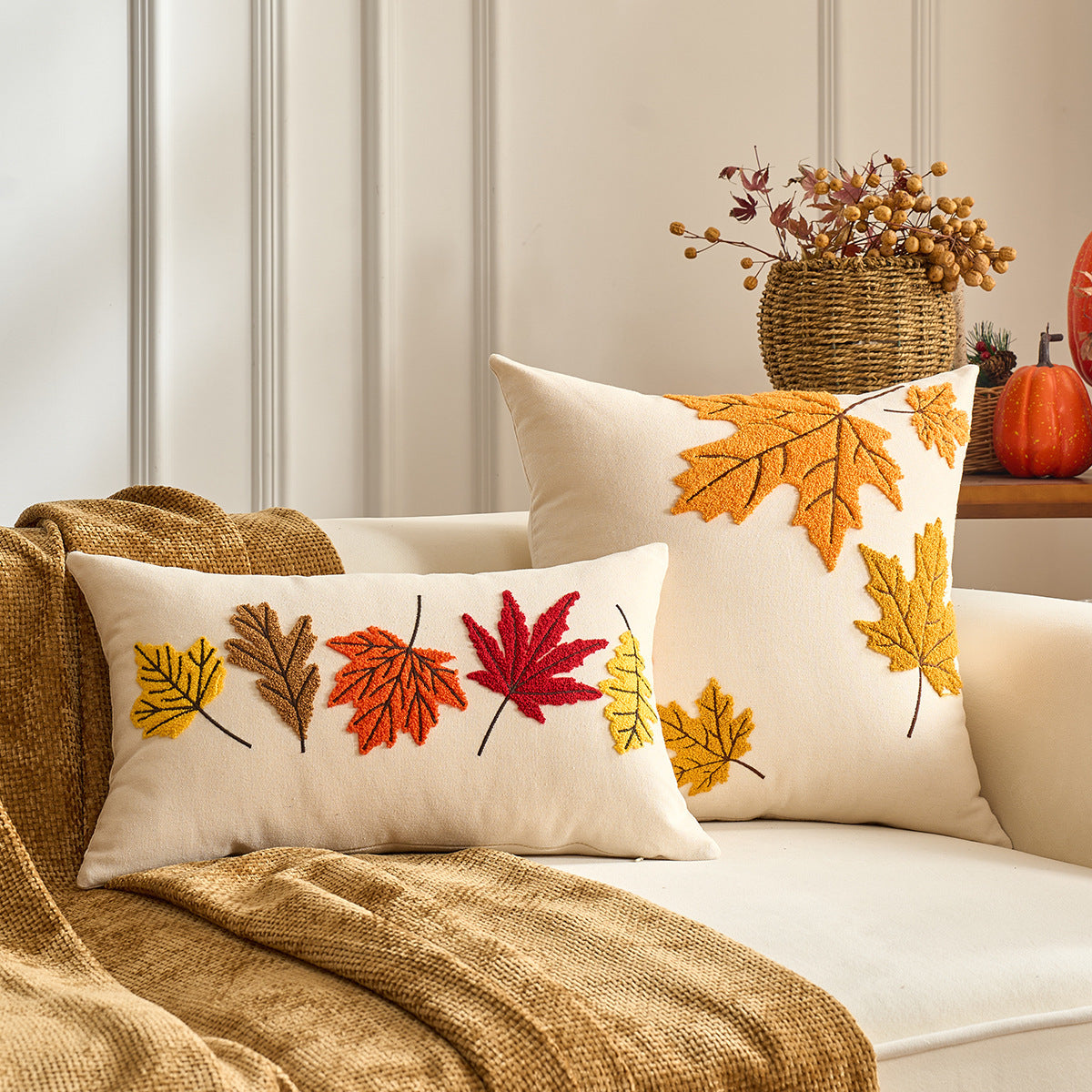 KTX-326227 Autumn Maple Leaf and Pumpkin Decorative Pillow Cover for Living Room Sofa