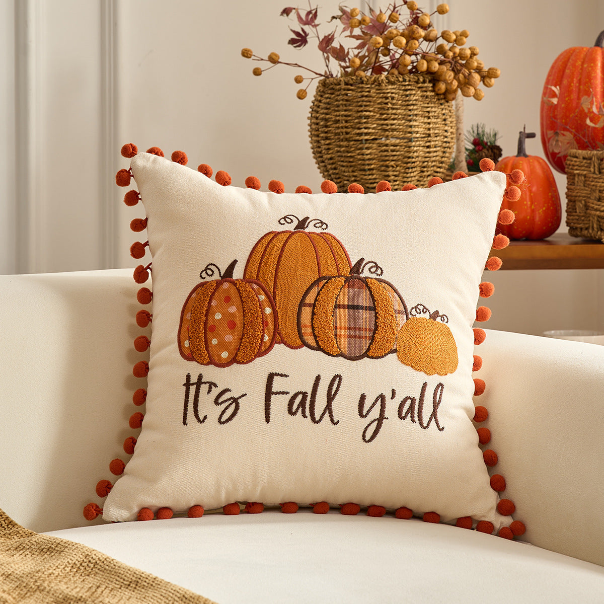 KTX-326227 Autumn Maple Leaf and Pumpkin Decorative Pillow Cover for Living Room Sofa