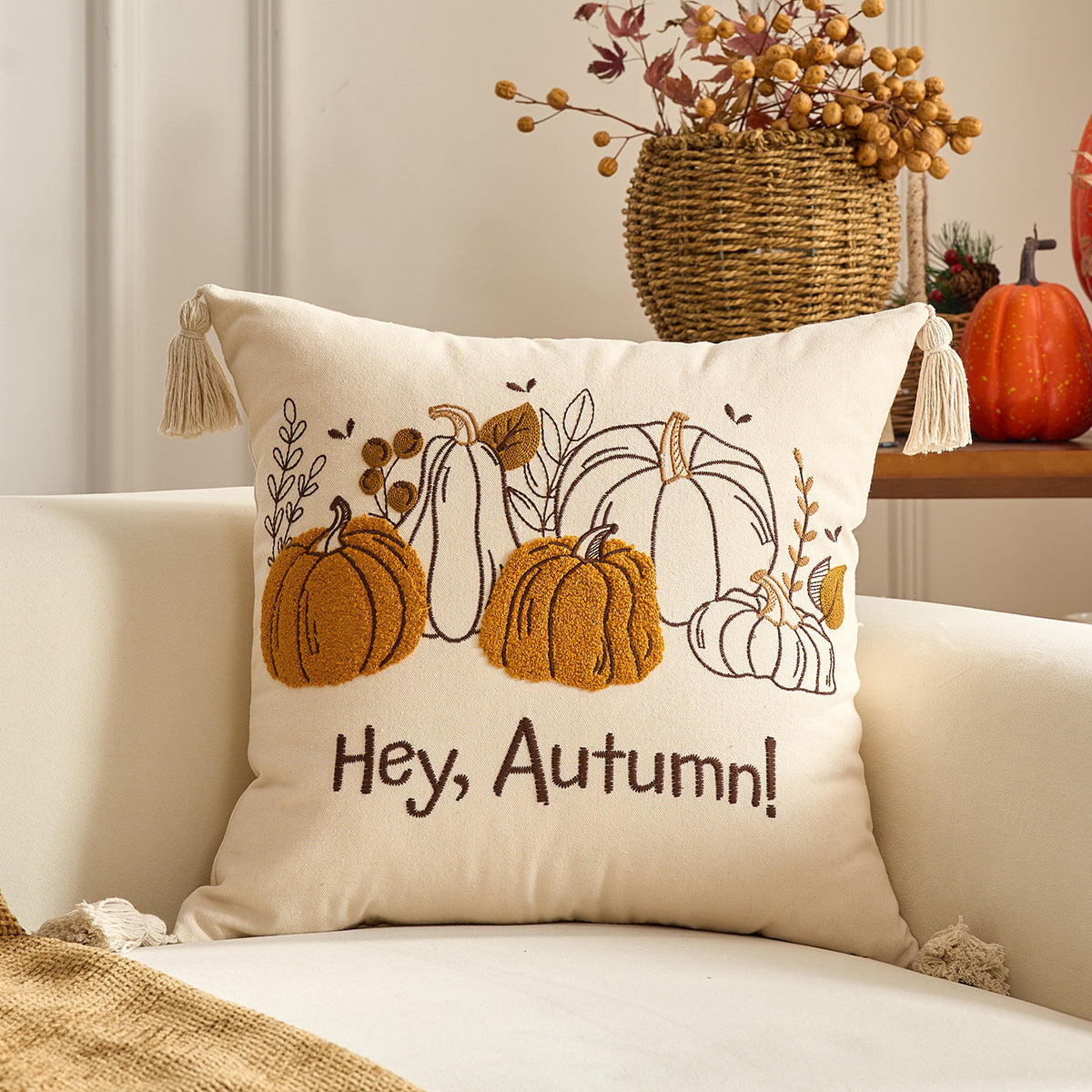 KTX-326227 Autumn Maple Leaf and Pumpkin Decorative Pillow Cover for Living Room Sofa