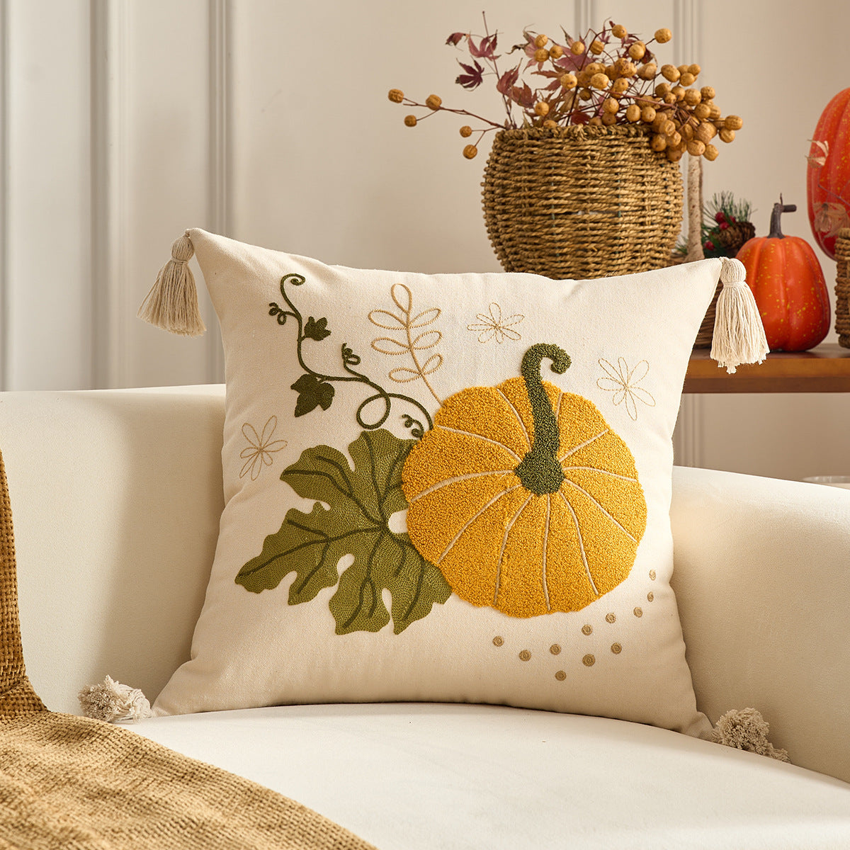KTX-326227 Autumn Maple Leaf and Pumpkin Decorative Pillow Cover for Living Room Sofa