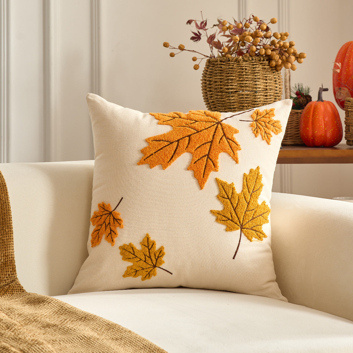 KTX-326227 Autumn Maple Leaf and Pumpkin Decorative Pillow Cover for Living Room Sofa