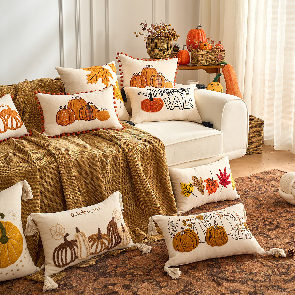 KTX-326227 Autumn Maple Leaf and Pumpkin Decorative Pillow Cover for Living Room Sofa