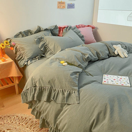 KTX-326483 Washed Cotton 4-Piece Bedding Set in Cream with Lace Quilt Cover – Available in Various Colors for Comfortable Sleeping