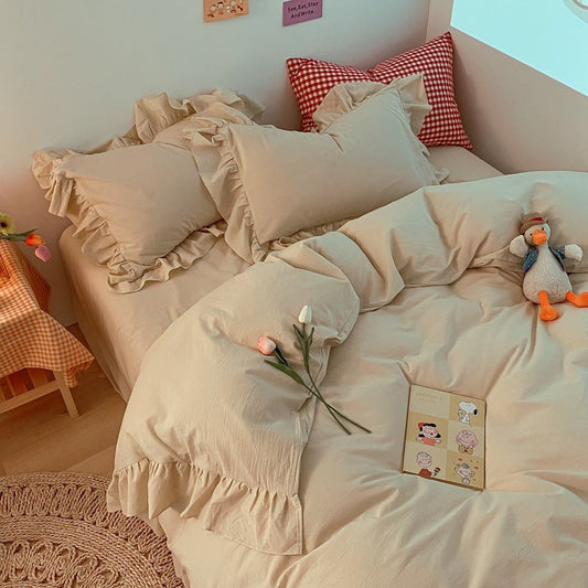 KTX-326483 Washed Cotton 4-Piece Bedding Set in Cream with Lace Quilt Cover – Available in Various Colors for Comfortable Sleeping