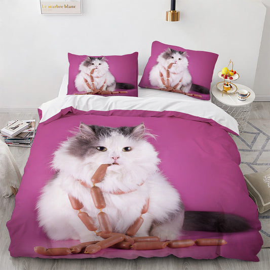 KTX-326803 White Geometric Cat Duvet Cover Set for 1.8m Beds - Available in Multiple Sizes