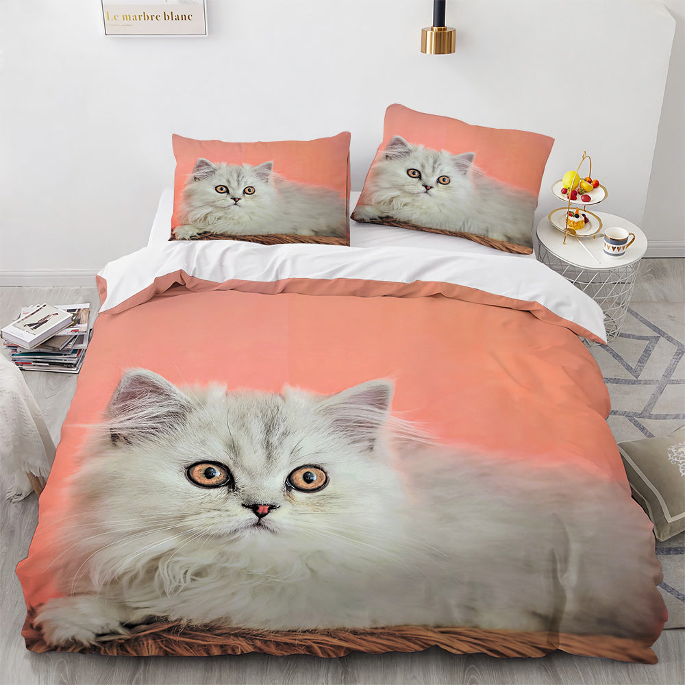 KTX-326803 White Geometric Cat Duvet Cover Set for 1.8m Beds - Available in Multiple Sizes