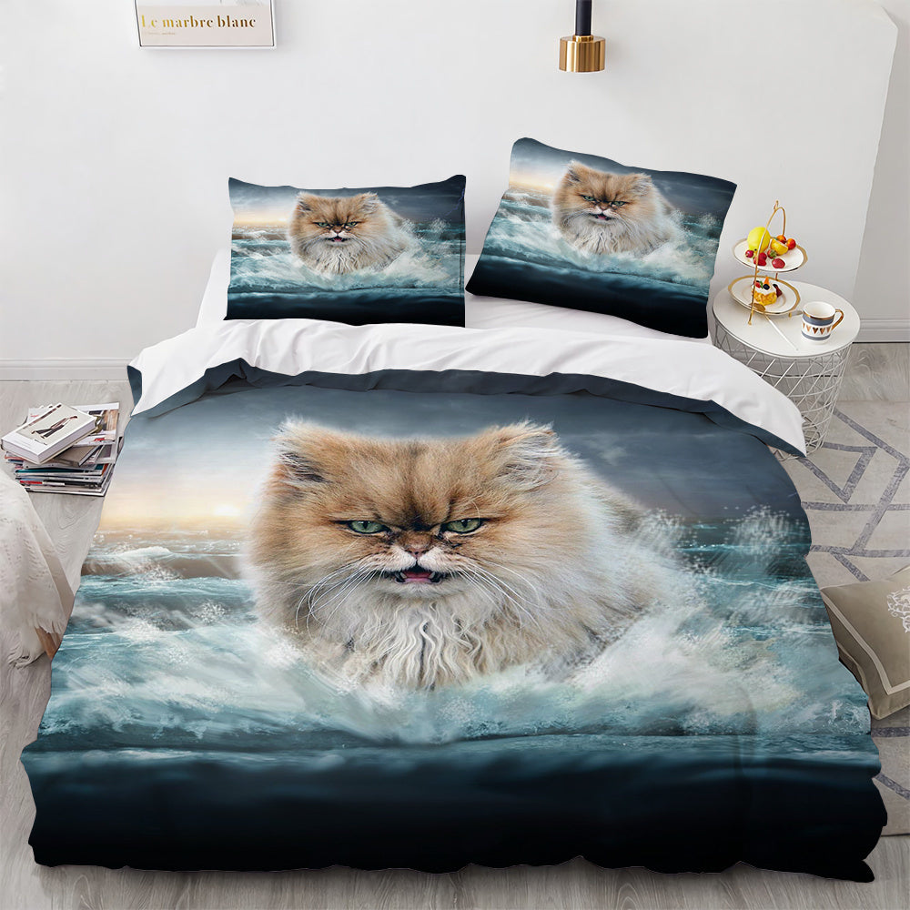 KTX-326803 White Geometric Cat Duvet Cover Set for 1.8m Beds - Available in Multiple Sizes
