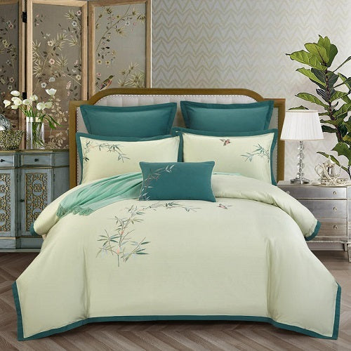 KTX-327251 Luxurious 4-Piece Embroidered Cotton Bedding Set with Landscape Pattern and Lace Trim