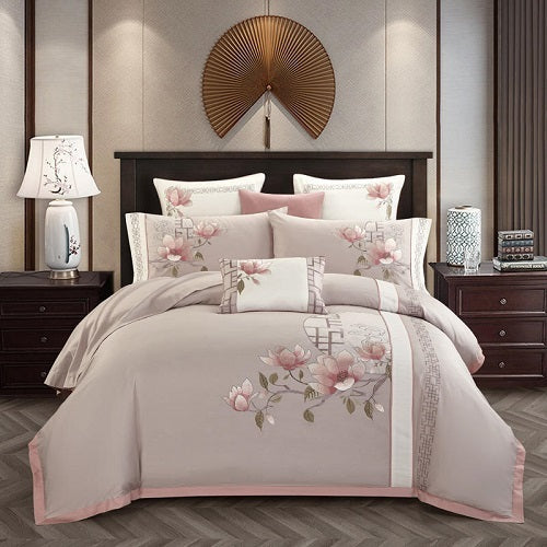 KTX-327251 Luxurious 4-Piece Embroidered Cotton Bedding Set with Landscape Pattern and Lace Trim