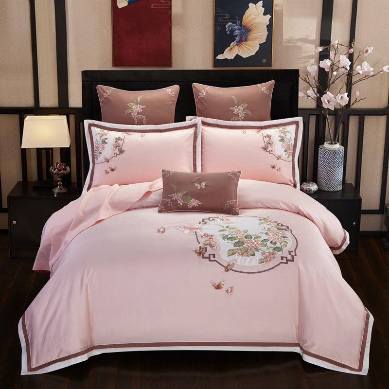 KTX-327251 Luxurious 4-Piece Embroidered Cotton Bedding Set with Landscape Pattern and Lace Trim